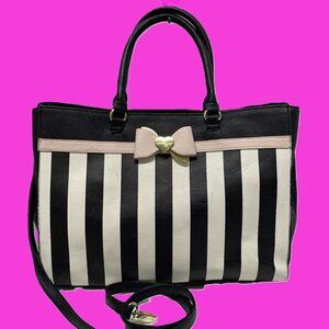 *SOLD* BETSEY JOHNSON Bag Black White Stripe XL Pink Bow 2-Way Strap **EUC**